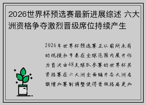 2026世界杯预选赛最新进展综述 六大洲资格争夺激烈晋级席位持续产生